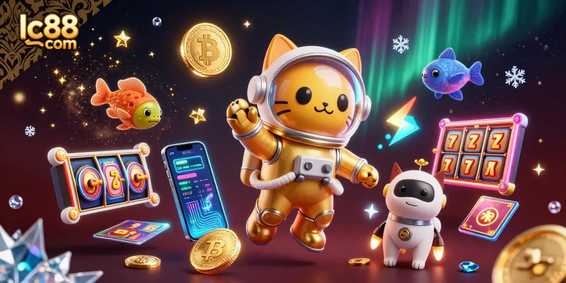 Spin the reels at lc88 com with a dynamic scene featuring a space astronaut cat and casino elements for immersive gaming.