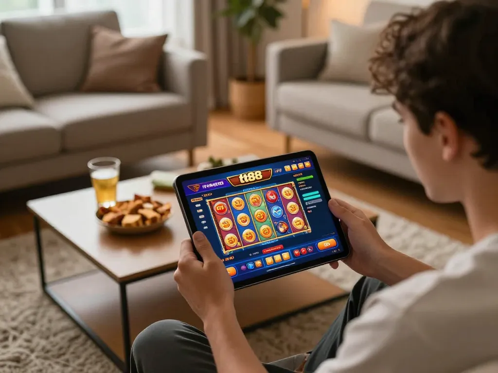 Player engaging with the trang chủ tt88 casino interface on a tablet in a cozy home setup
