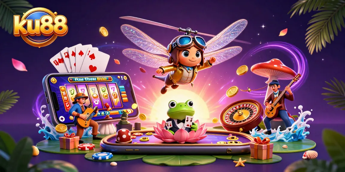 Engage with ku88's vibrant casino scene featuring a dragonfly pilot, frog dealer, and jazz-playing crickets.