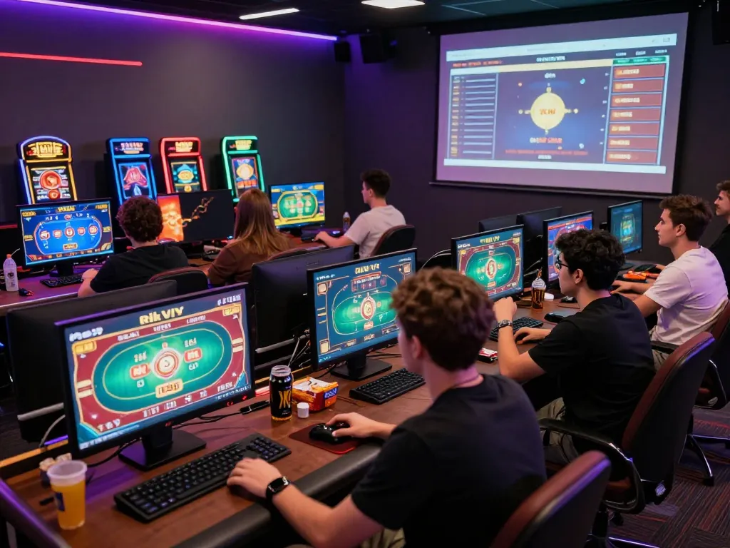 Dynamic gaming scene with players enjoying rik vip games, vibrant screens highlighting popular titles.
