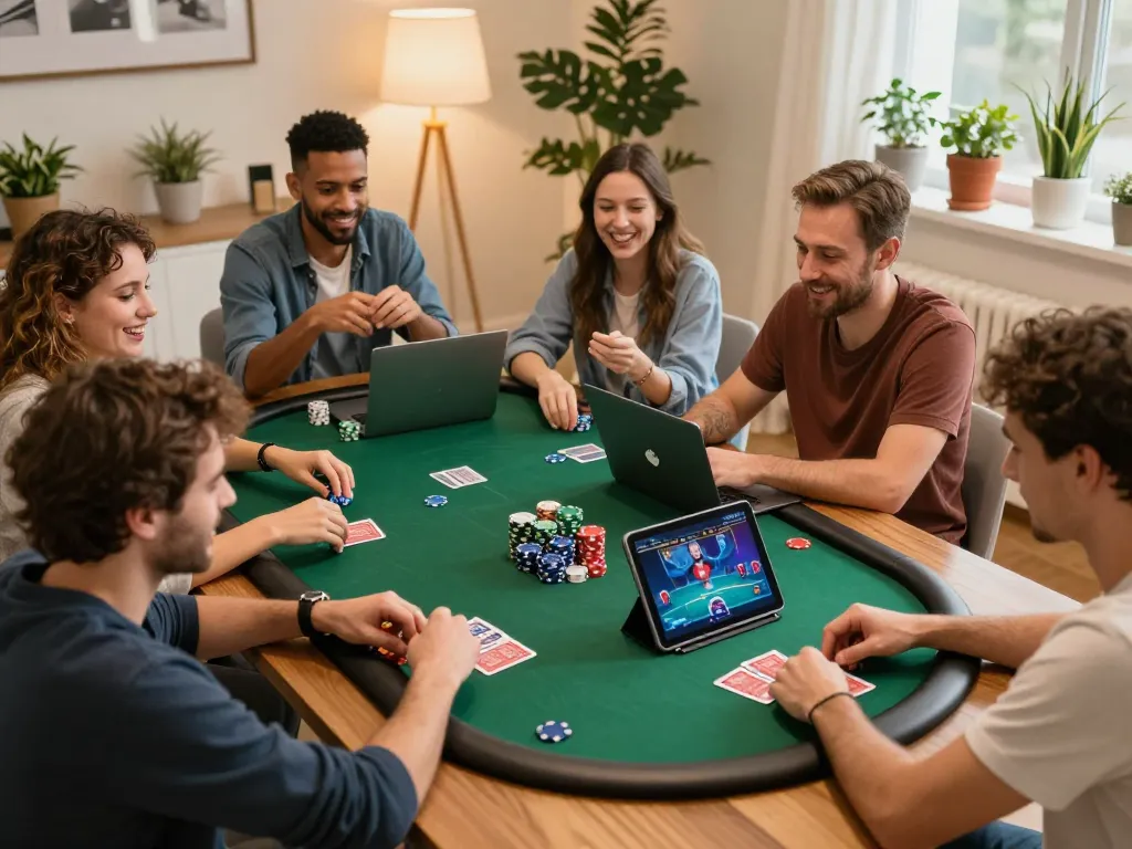 Players engaging in exciting poker game online at home, enjoying a friendly atmosphere while using mm88bet app on multiple devices.
