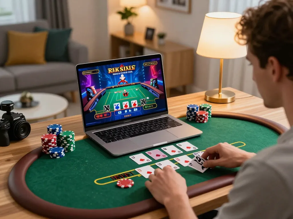 New88 nhà cái player engaged in exciting live dealer game on laptop during home gaming session.