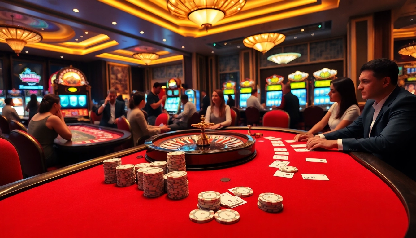 Players enjoying an exciting gambling experience at https://tg88.name with poker chips and a glowing roulette wheel.