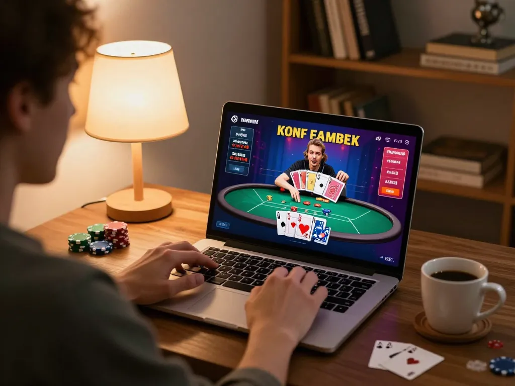 Sunwin player engaging with online casino games on a laptop in a cozy home setting
