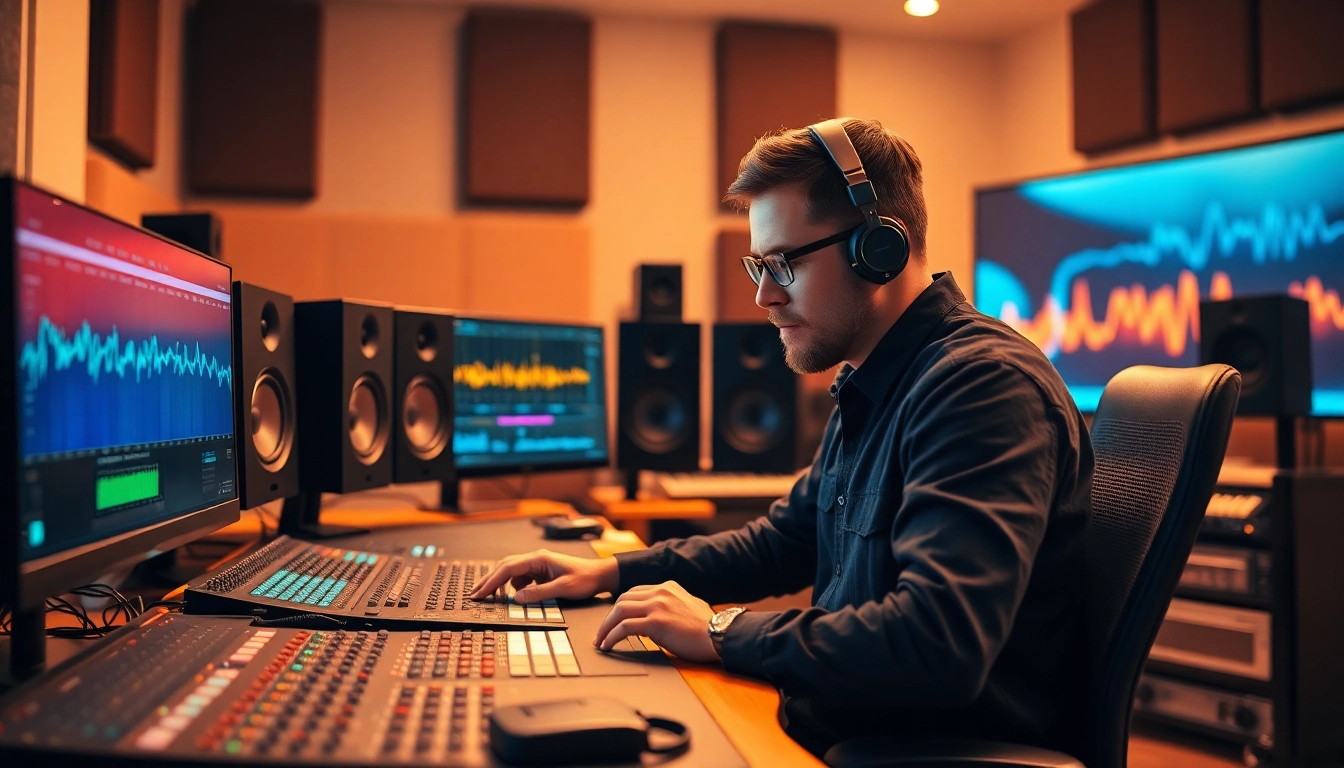 Engineer engaging in online audio mastering with advanced studio equipment and warm lighting.