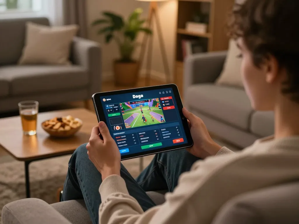 Daga user placing bets online with tablet in cozy home setting