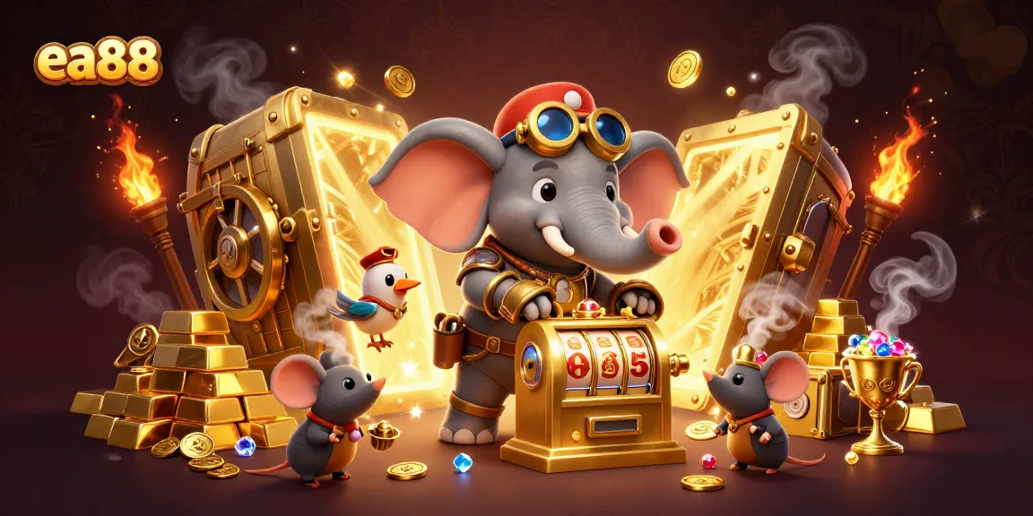 Spin the golden slot machine with the steampunk elephant engineer in ea88's vibrant casino illustration.