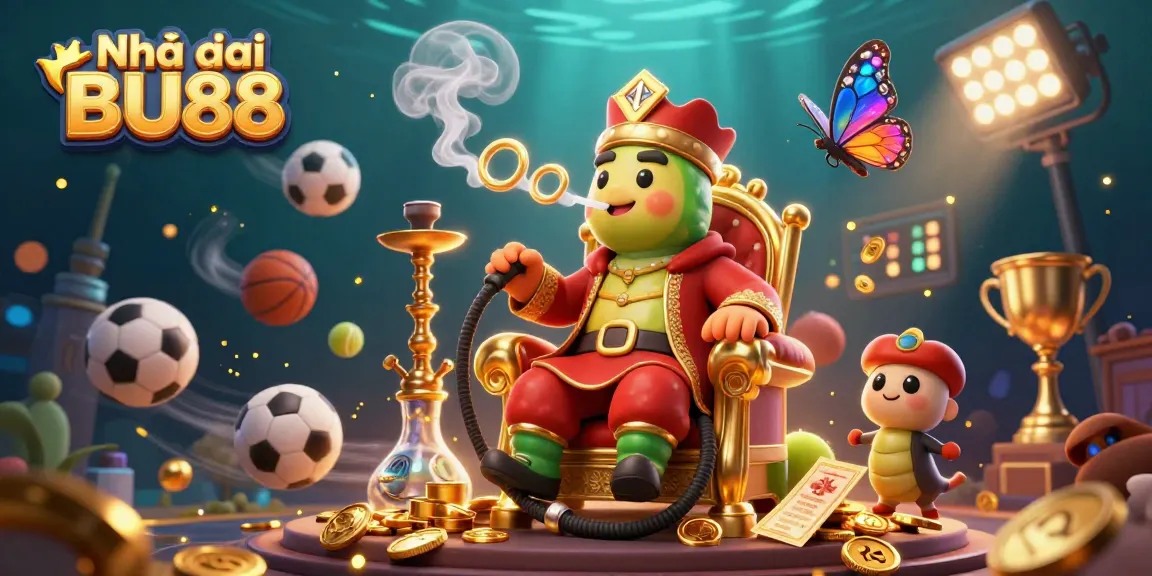 Bet on excitement with Nhà cái BU88 while a sultan caterpillar reigns over a vibrant sports-themed 3D casino scene.