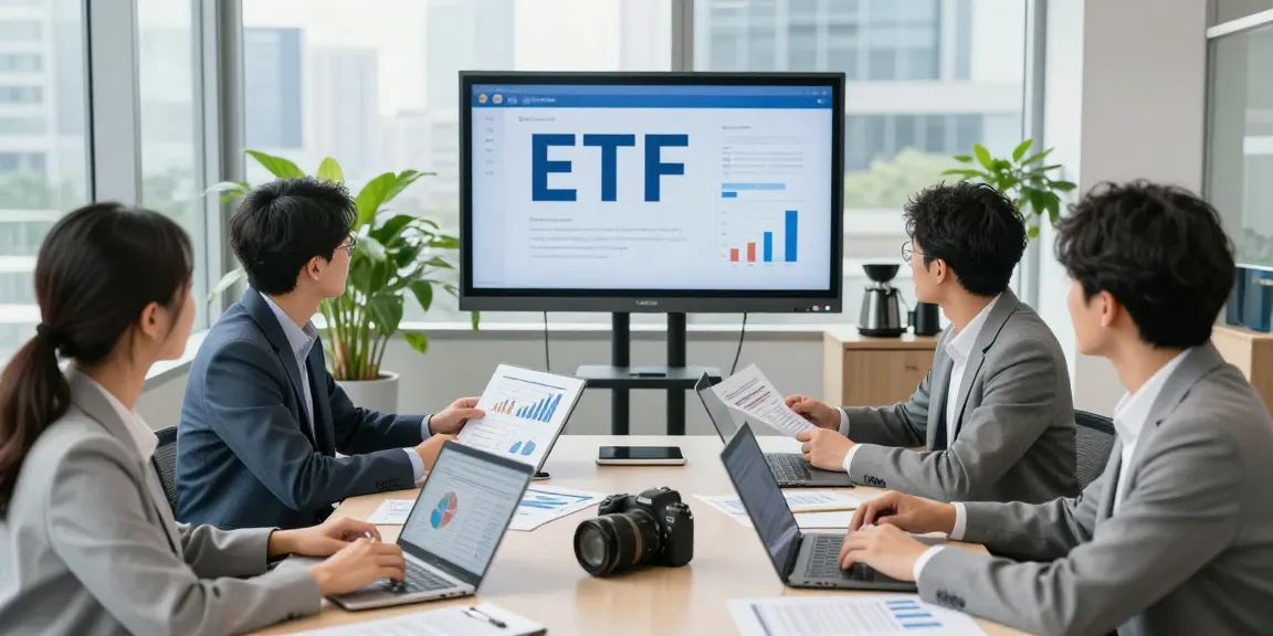 Business team discussing ETF investment strategies in a modern office