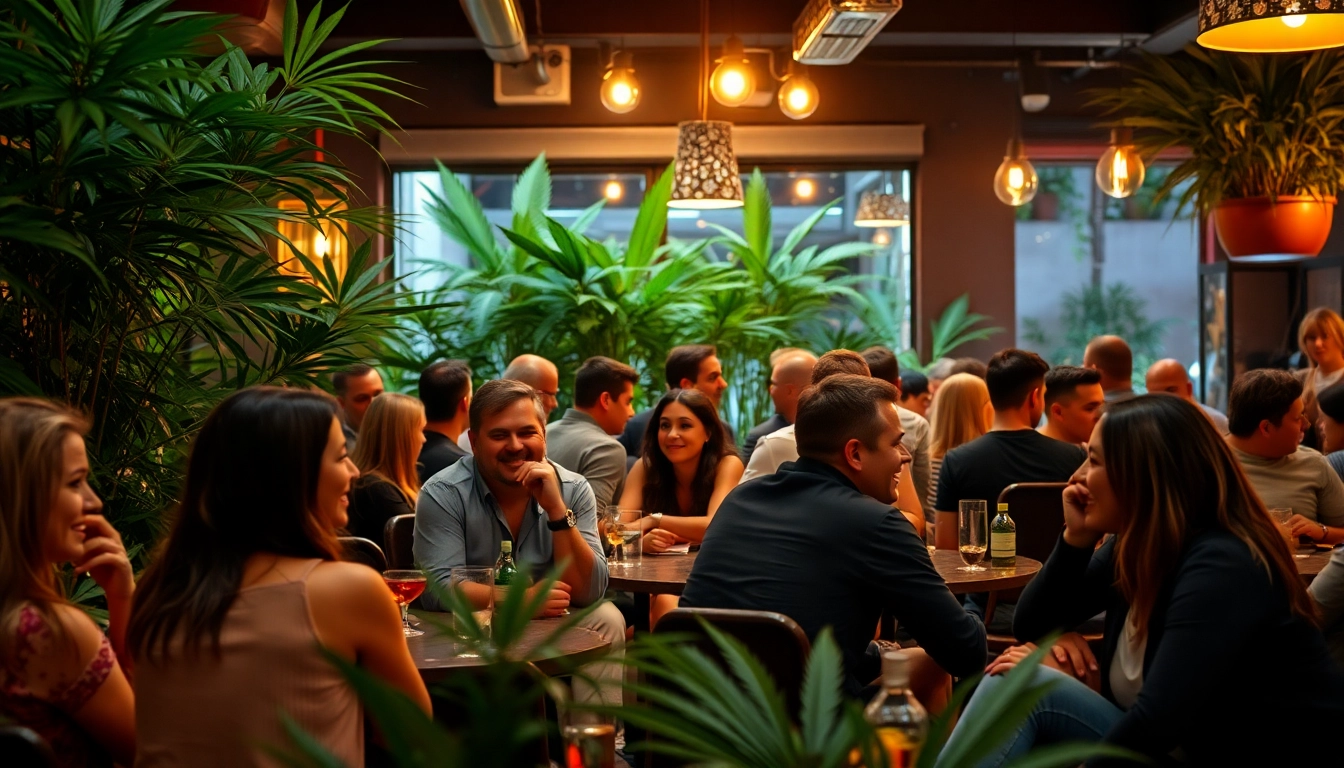 Cannabis Club Lloret De Mar mit einer lebhaften Gruppe von Gästen, die die entspannte Atmosphäre genießen.