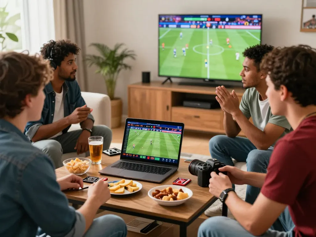 Friends engaging in live betting on 1gom while watching a football match, capturing the excitement of sports wagering.