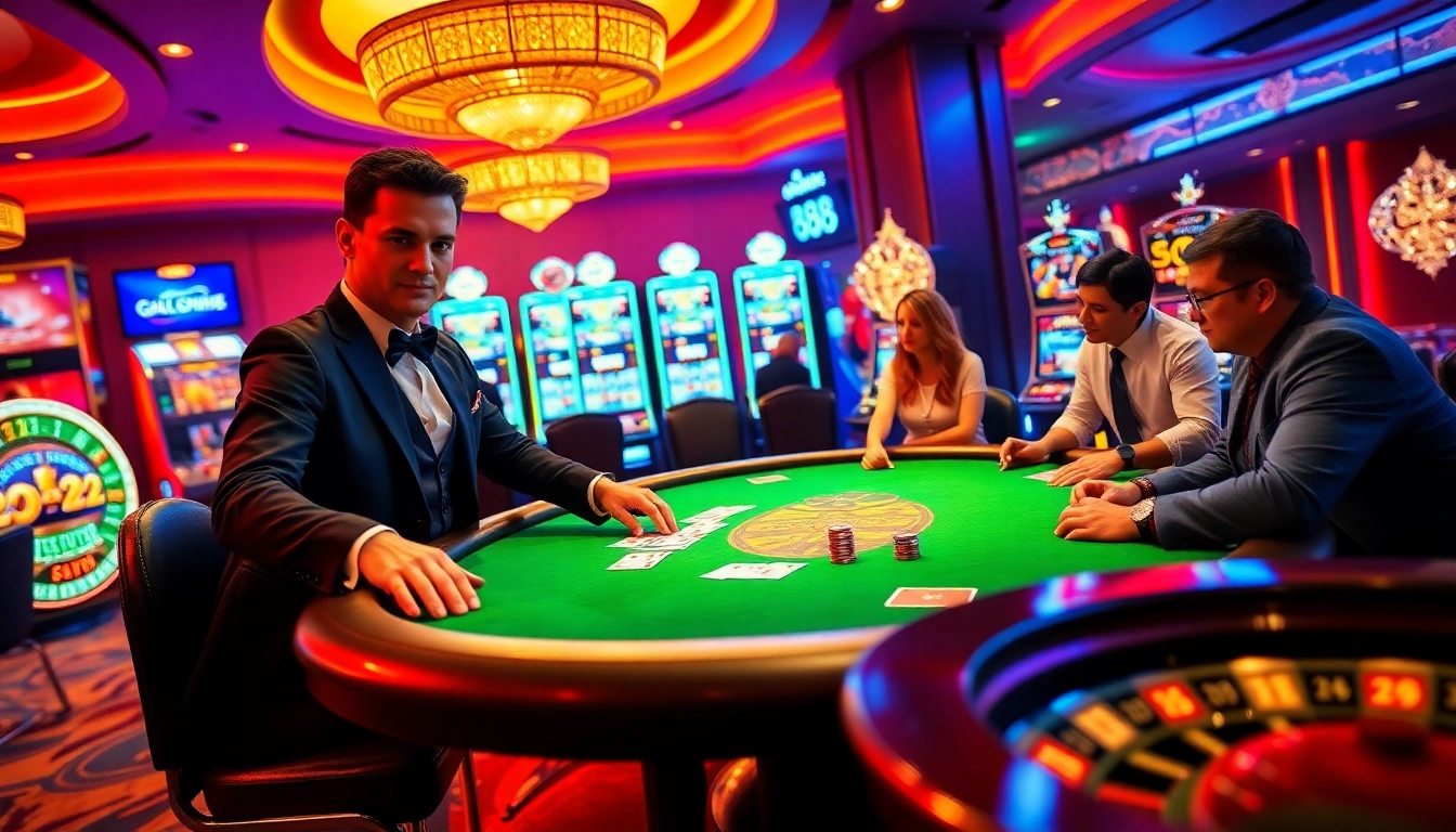 Players enjoying high-stakes poker at five88 casino, with vibrant slot machines in the backdrop.