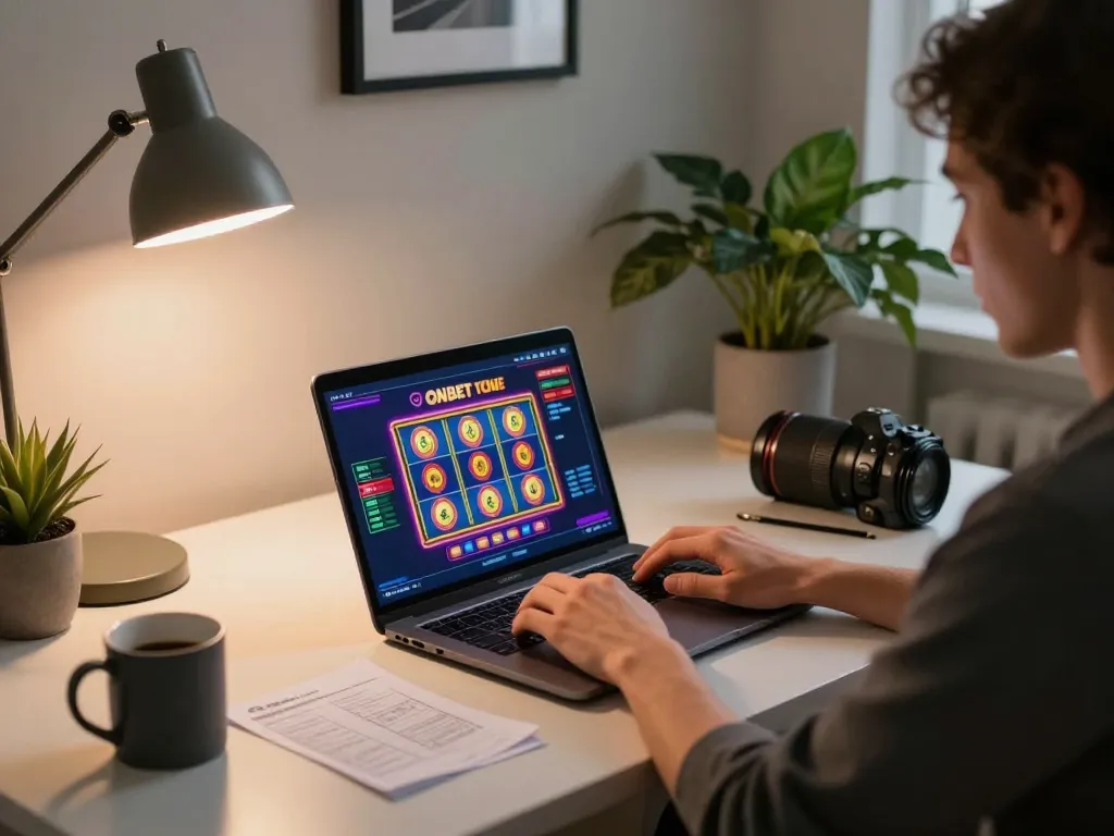 Oxbet player engaged in thrilling online casino gameplay from stylish home office.