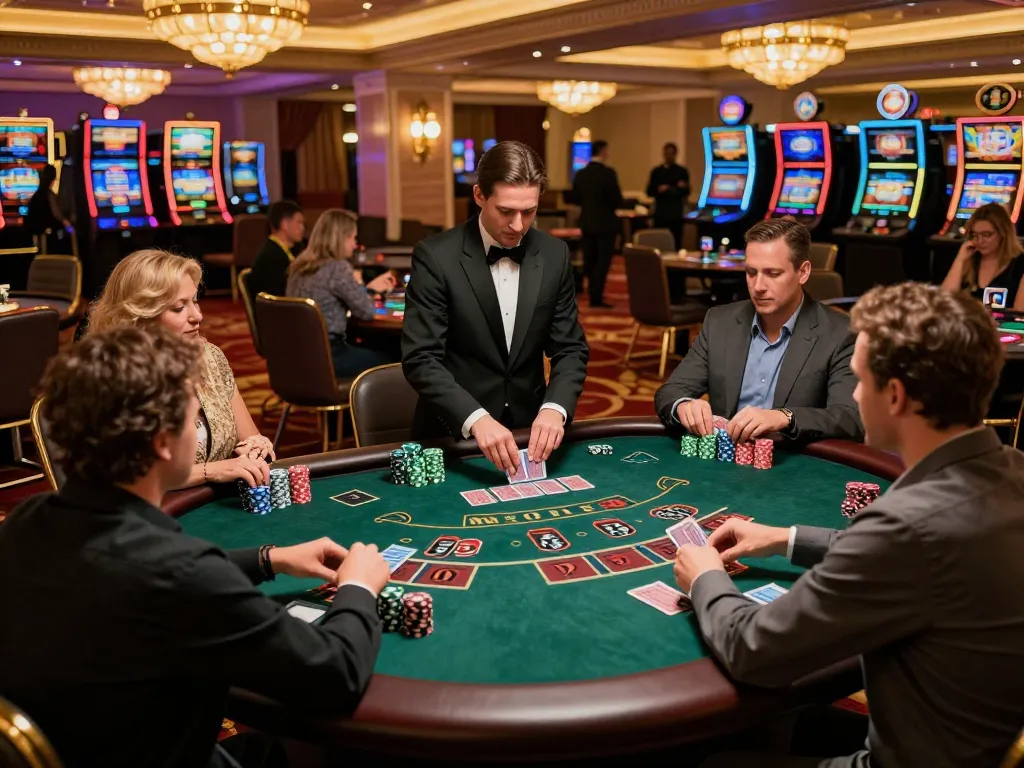 uu88 blackjack table scene with players fiercely competing, demonstrating strategic gameplay in an elegant casino.