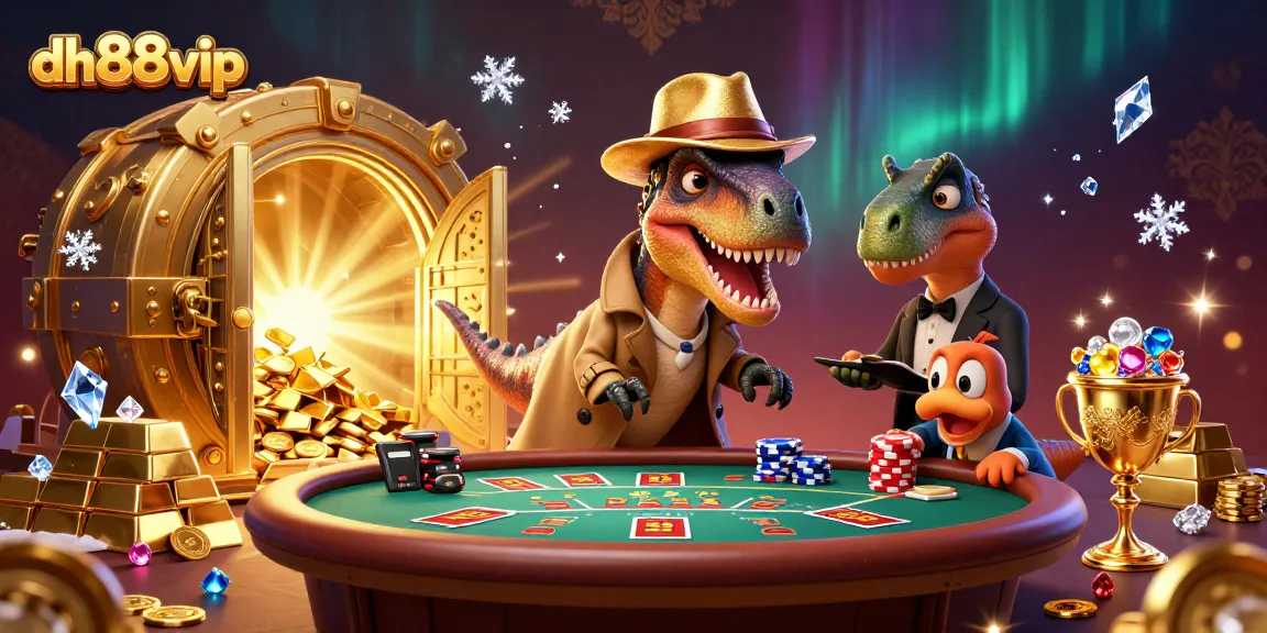 dh88vip velociraptor counts cards at blackjack table amidst treasures, with casino decor.