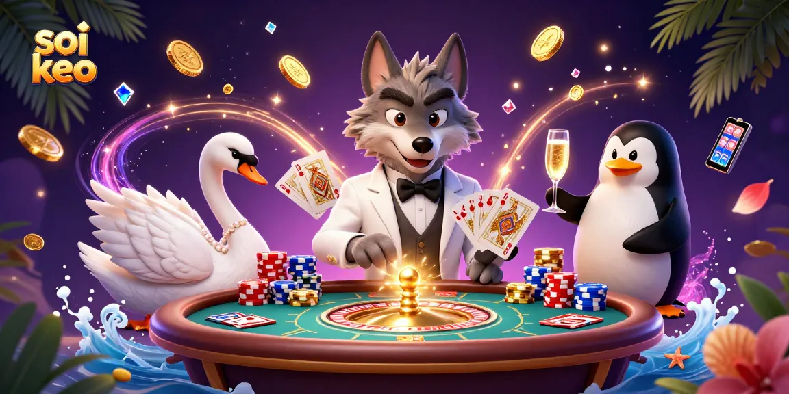 Soi keo betting illustration with a debonair wolf and elegant swan at a baccarat table.