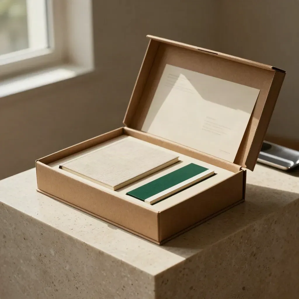Box lancio strategico in cartone naturale con moduli interni su base in travertino, luce calda.