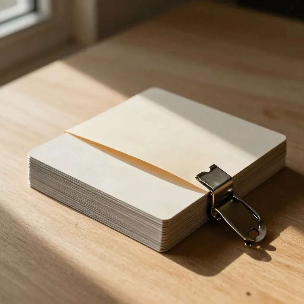 Card opache con foglio piegato e clip metalliche su legno chiaro, luce radente calda.