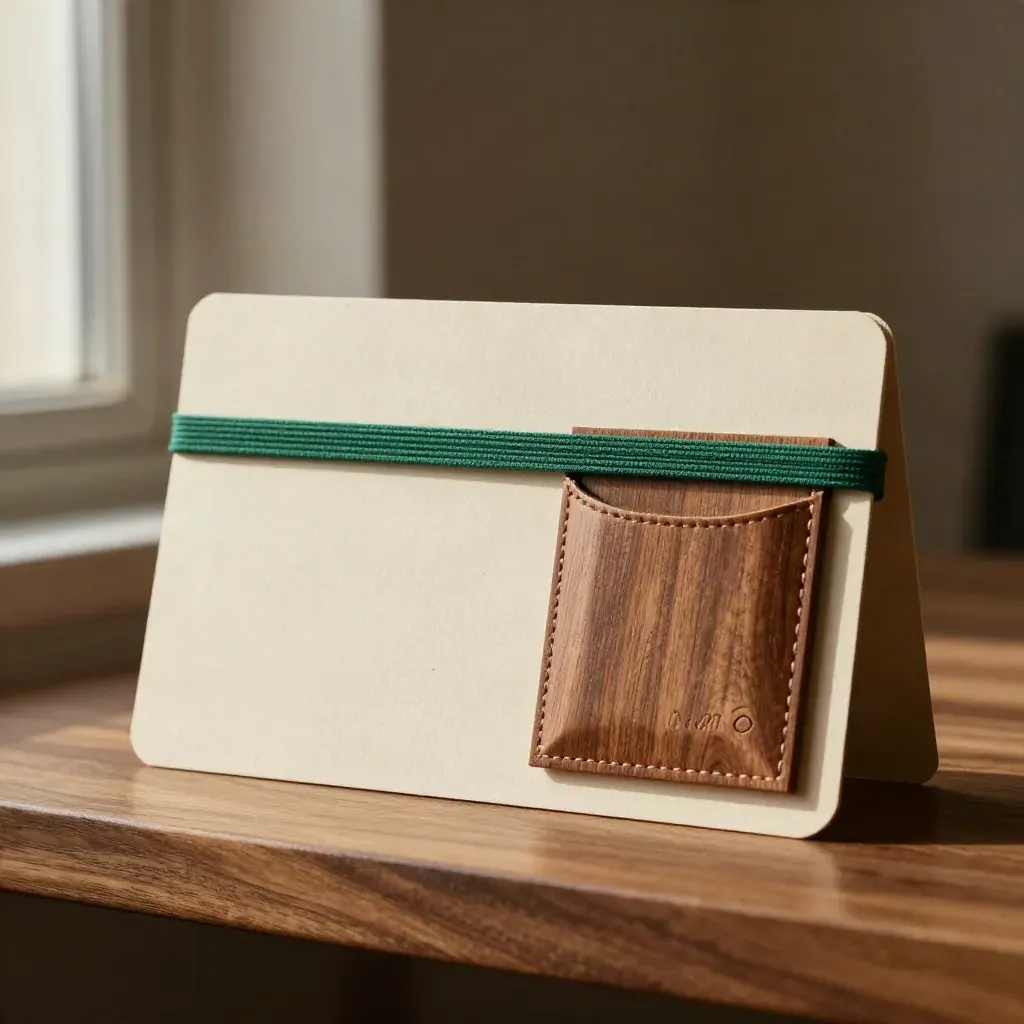 Scheda rigida con elastico verde smeraldo e cofanetto tascabile su legno caldo.