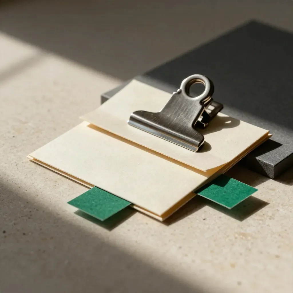 Modulo in carta ruvida con clip metallica e accento verde smeraldo su pietra chiara.