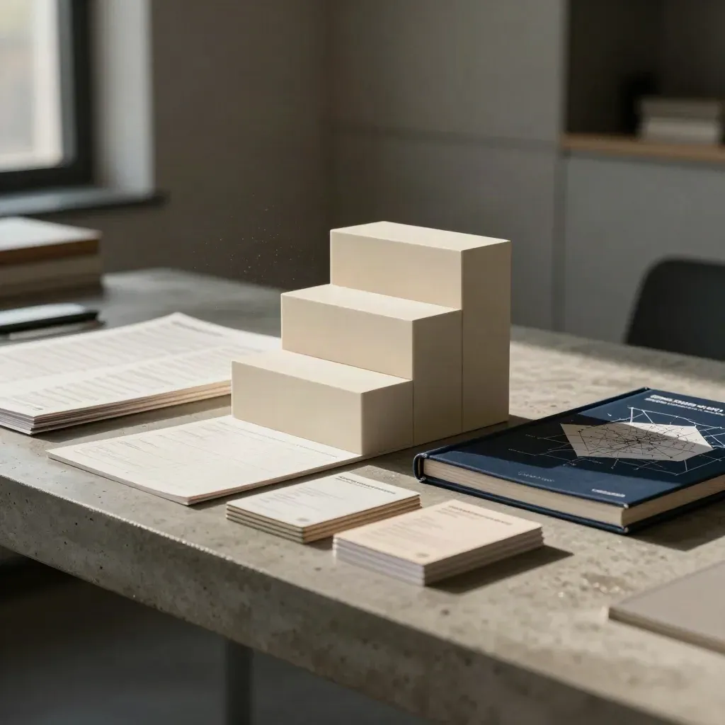 Mazzo di tre blocchi per il piano contenuti trimestrale su base in cemento, luce radente e ombre lunghe.