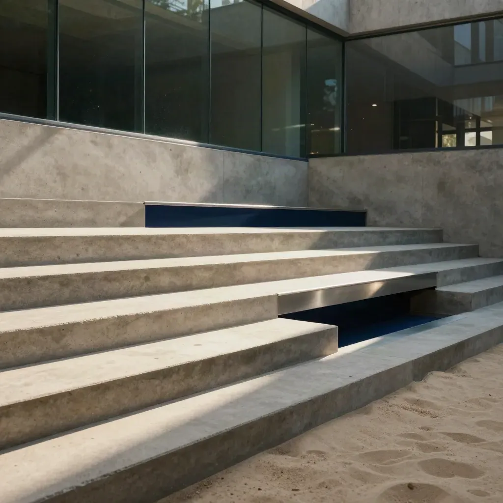 Cortile in cemento e vetro con gradini asciutti e ombre geometriche di mezzogiorno.