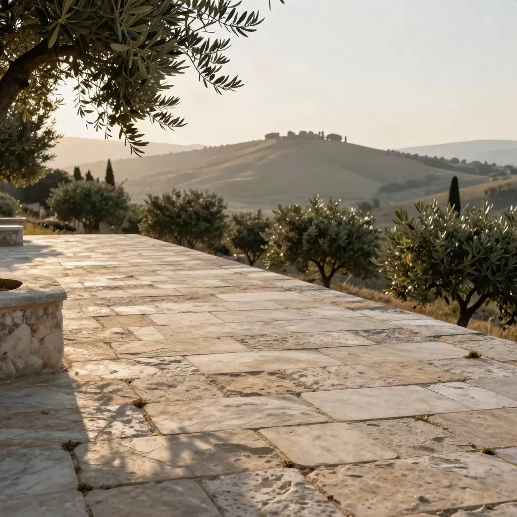 Terrazza in pietra chiara, ulivi sfocati e collina lontana sotto luce calda velata.