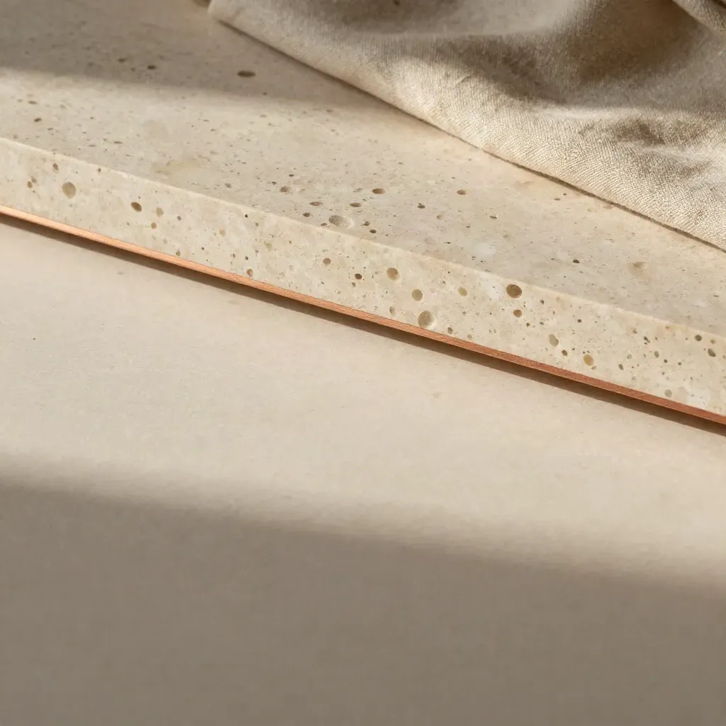 Lastra di travertino crema con bordo in legno chiaro e lino naturale, luce radente.