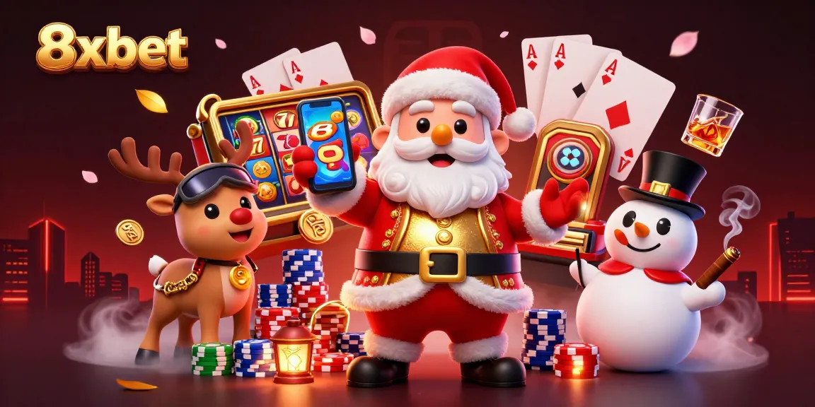 Experience excitement with 8xbet's casino scene featuring Santa Claus and gaming elements.