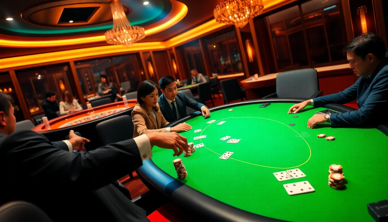 Experience the thrill of Dominoqiu as players engage at a vibrant casino table filled with poker chips and cards.