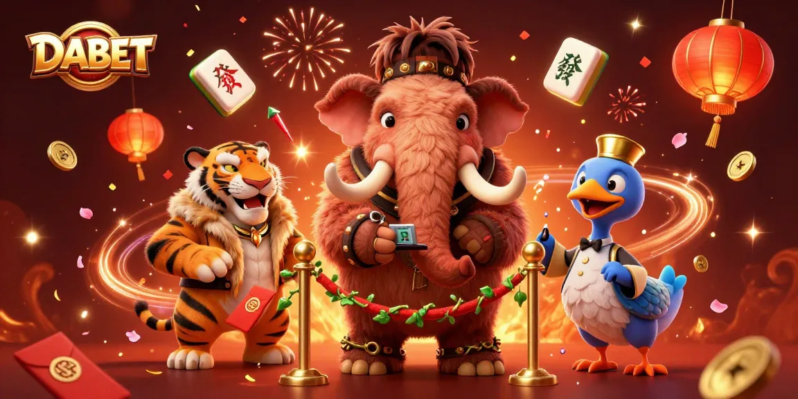 DABET invites players into a lively casino scene with animated characters enjoying vibrant games and festive details.