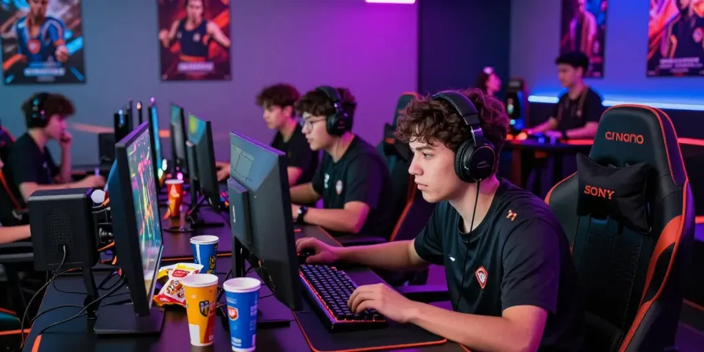 Engaged gamers experiencing intense competition with rokok88 link in vibrant online setting