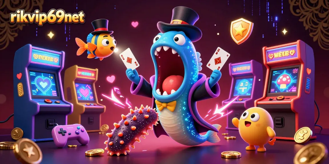 Experience thrilling gameplay with rikvip69net's jungle of animated casino characters and neon game elements.