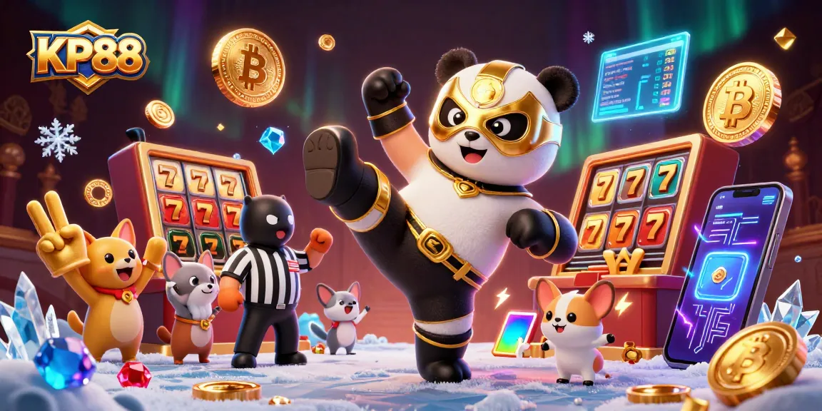 Experience the excitement of KP88 casino with a panda wrestler kick, surrounded by vibrant slot and crypto elements.