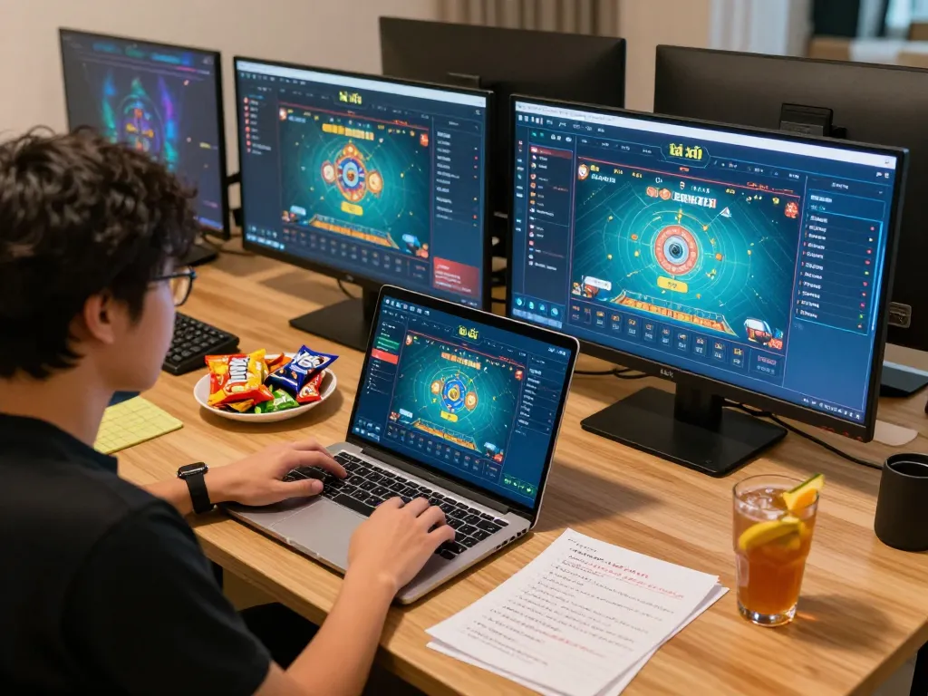 A player engaging with the game tài xỉu online on their laptop in a cozy home setup, showcasing strategic betting