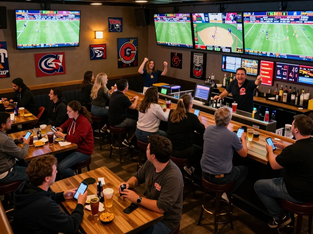 Excited patrons placing bets on NET88 during a live sports event in a vibrant sports bar.