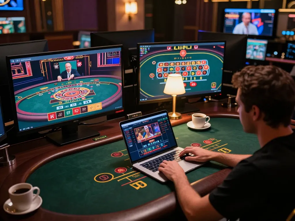 Player strategizing at a live dealer game on lc88 com, showcasing an upscale online gambling environment.