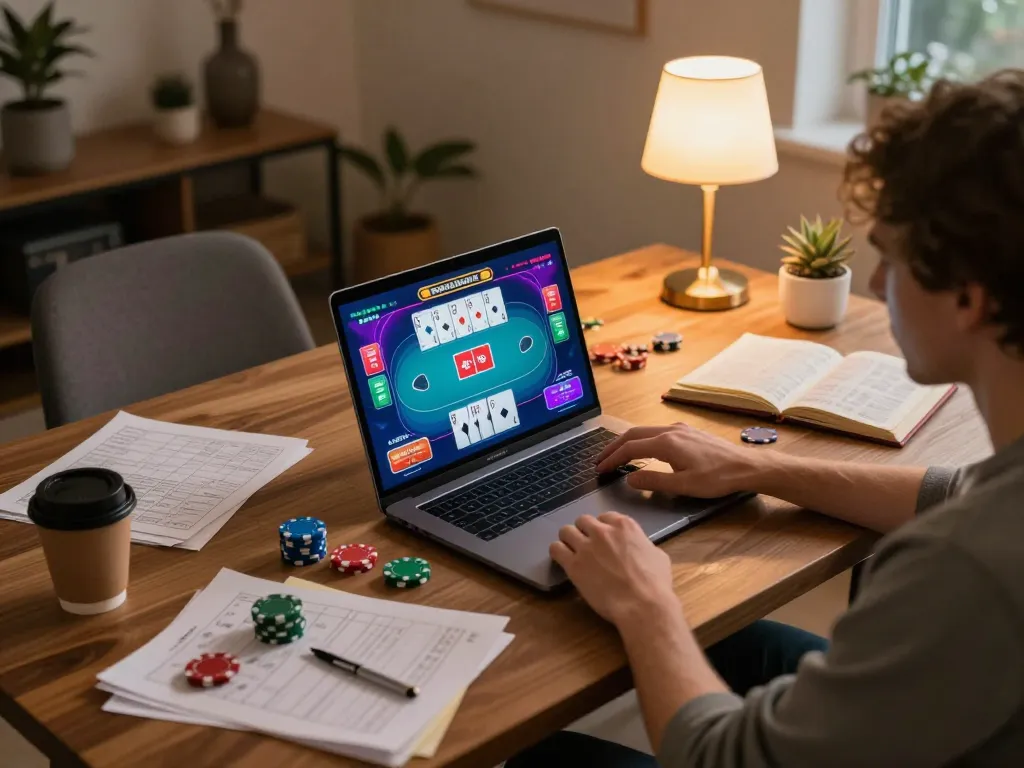 Engaging in poker gameplay on SV 368's high-quality online platform from a cozy setup, showcasing rich gaming visuals.