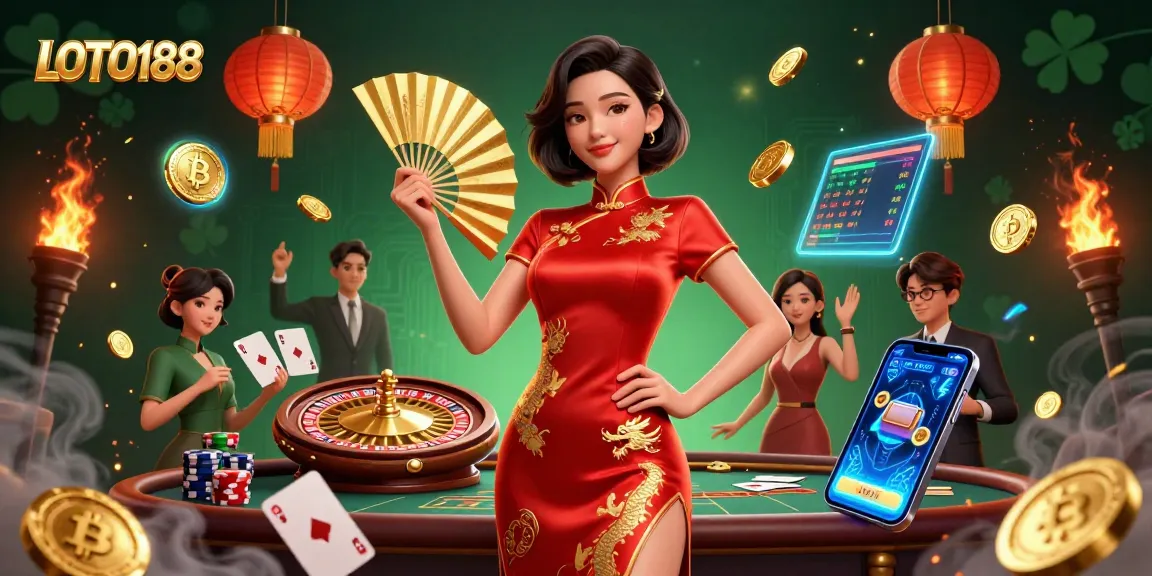 Engage with LOTO188 through an immersive casino scene featuring an elegant woman and dynamic gambling elements.