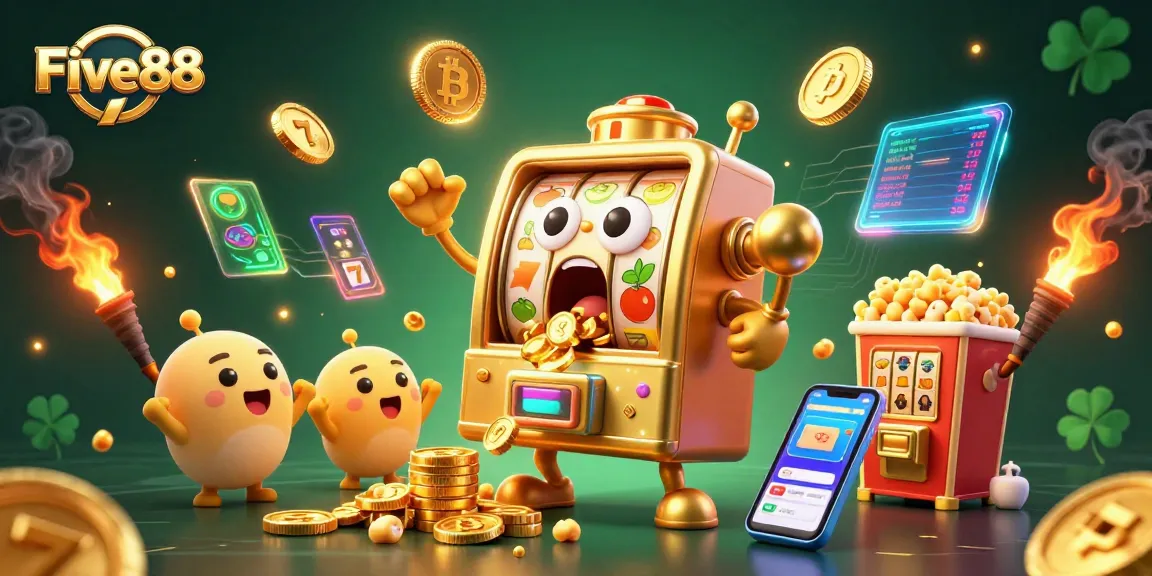Five88 slot machine hitting a jackpot, surrounded by cheering mini slots and golden coins.