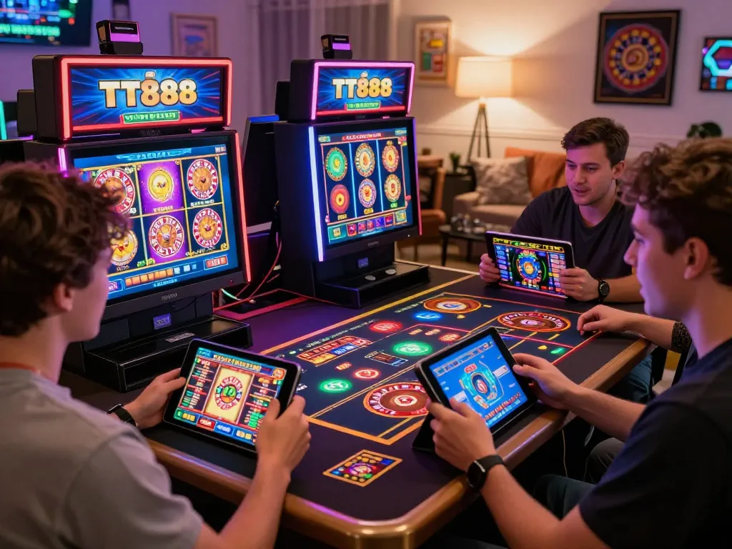 Players enjoying the TT88 gaming platform with vibrant graphics and mobile devices.