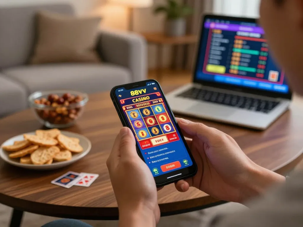 Player winning at 88vv casino app on smartphone showcasing vibrant game graphics.