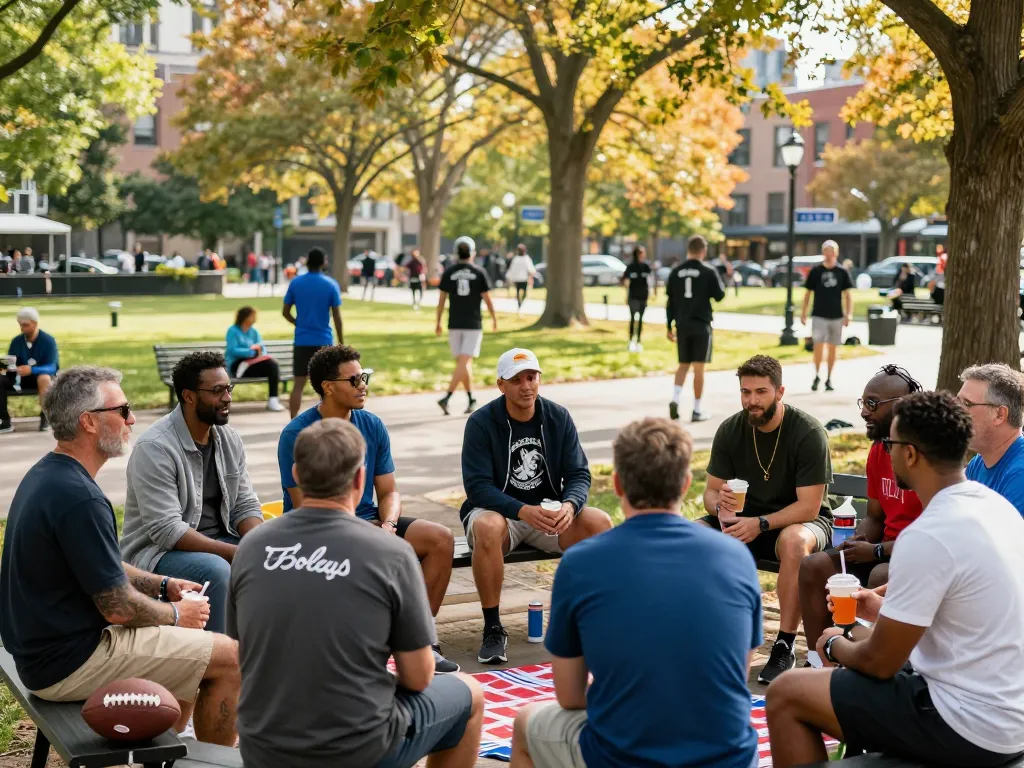 Community gathering at a man club in a park, featuring men sharing stories and engaging in activities, surrounded by nature.