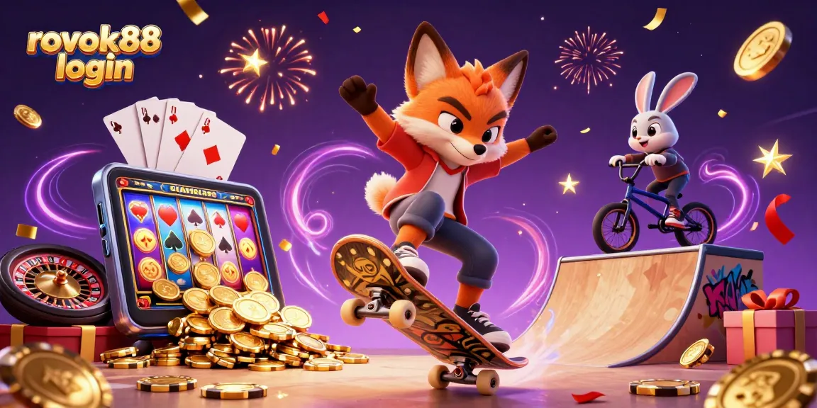 Experience the excitement of rokok88 login with a vibrant 3D casino illustration featuring a skateboarder fox and BMX rabbit.