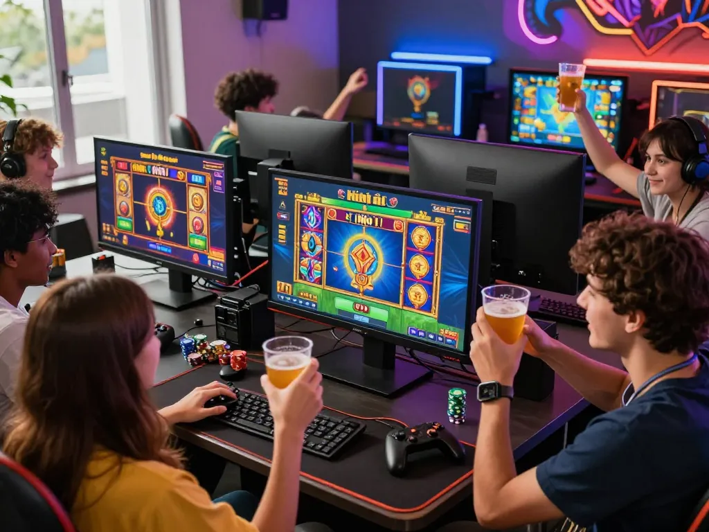Exciting game nổ hũ session with diverse players enjoying vibrant slot games in a modern gaming setup.