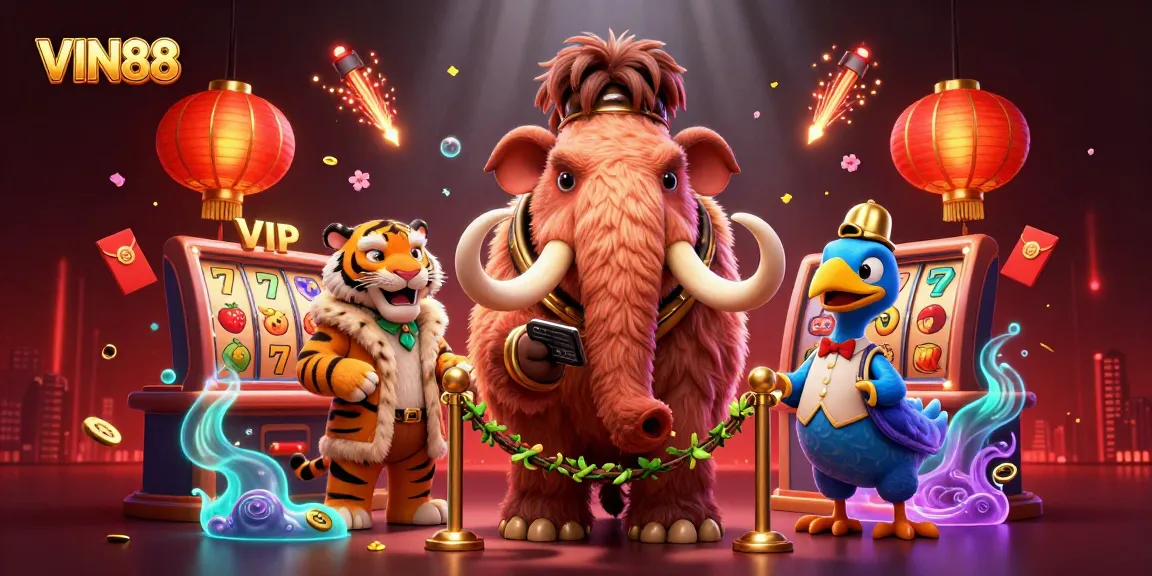 Engage with VIN88 slot games featuring vibrant characters and exciting elements in a dynamic casino scene.
