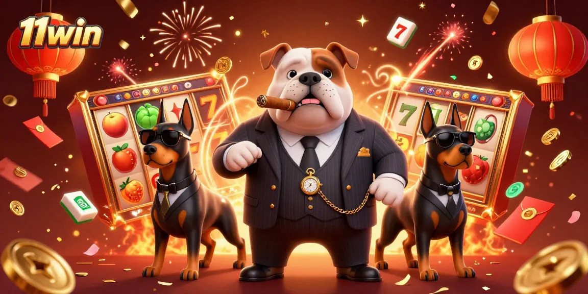 Win big with 11win in this vibrant casino scene featuring a mafia bulldog and more.