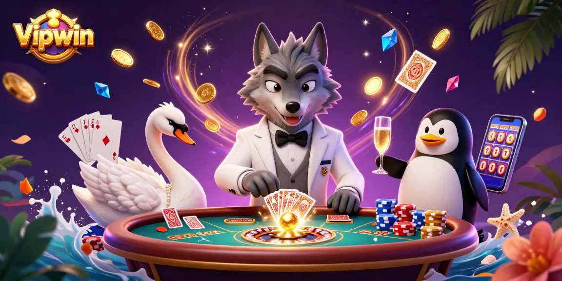 Vipwin captivates players in a vibrant casino scene with a debonair wolf, elegant swan, and sophisticated penguin.