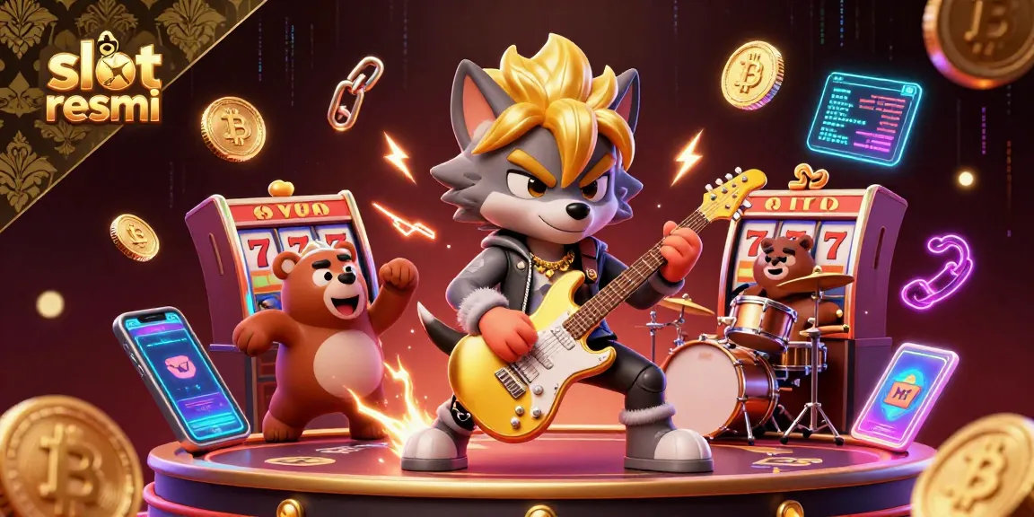 Experience the thrill of slot resmi gaming with a vibrant casino scene featuring dynamic characters and glowing crypto elements.