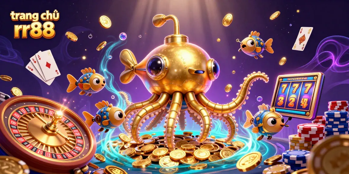 Experience the excitement of winning at trang chủ rr88 with vibrant illustrations of golden kraken, dynamic casino elements, and winning symbols.